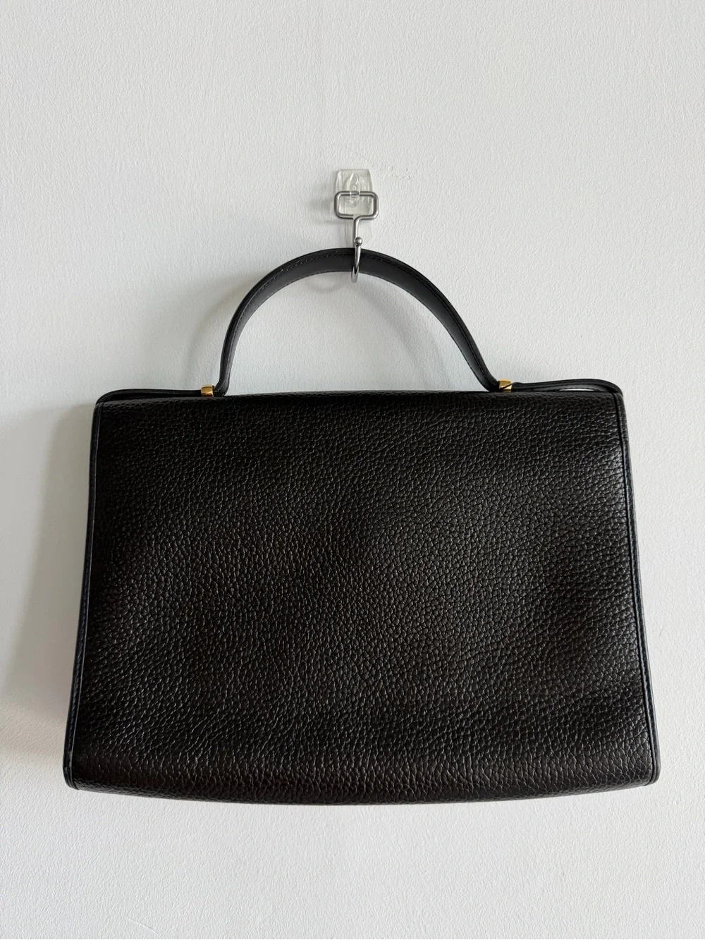 Vintage Dior Black Pebbled Leather Top-Handle Satchel with Gold Ring